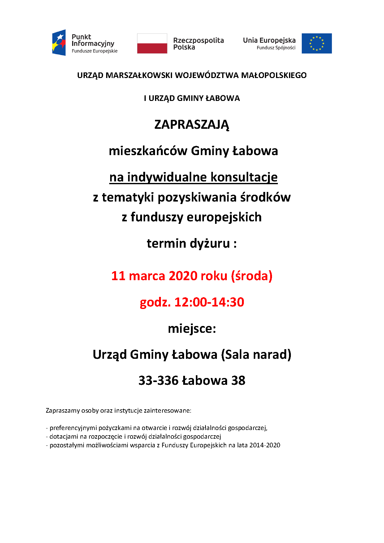 Zaproszenie na indywidualne konsultacje z zakresu pozyskiwania środków europejskich dla mieszkańców Gminy Łabowa