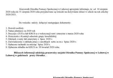 Informacja dot. dożywiania dzieci w szkole na rok szkolny 2020/2021