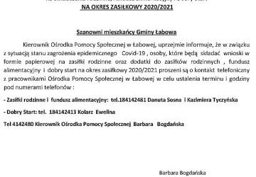 Przyjmowanie wniosków świadczenia rodzinne, fundusz na okres zasiłkowy 2020/2021oraz Dobry Start