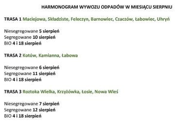 HARMONOGRAM WYWOZU ODPADÓW W MIESIĄCU SIERPNIU