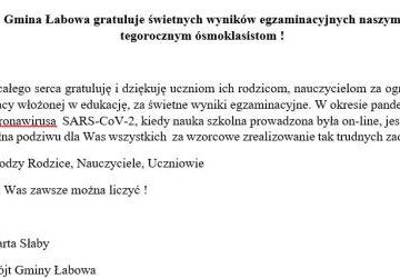 Gmina Łabowa gratuluje świetnych wyników egzaminacyjnych naszym tegorocznym ósmoklasistom !