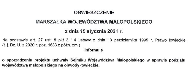 Obwieszczenie Marszałka Województwa Małopolskiego - obwody łowieckie.