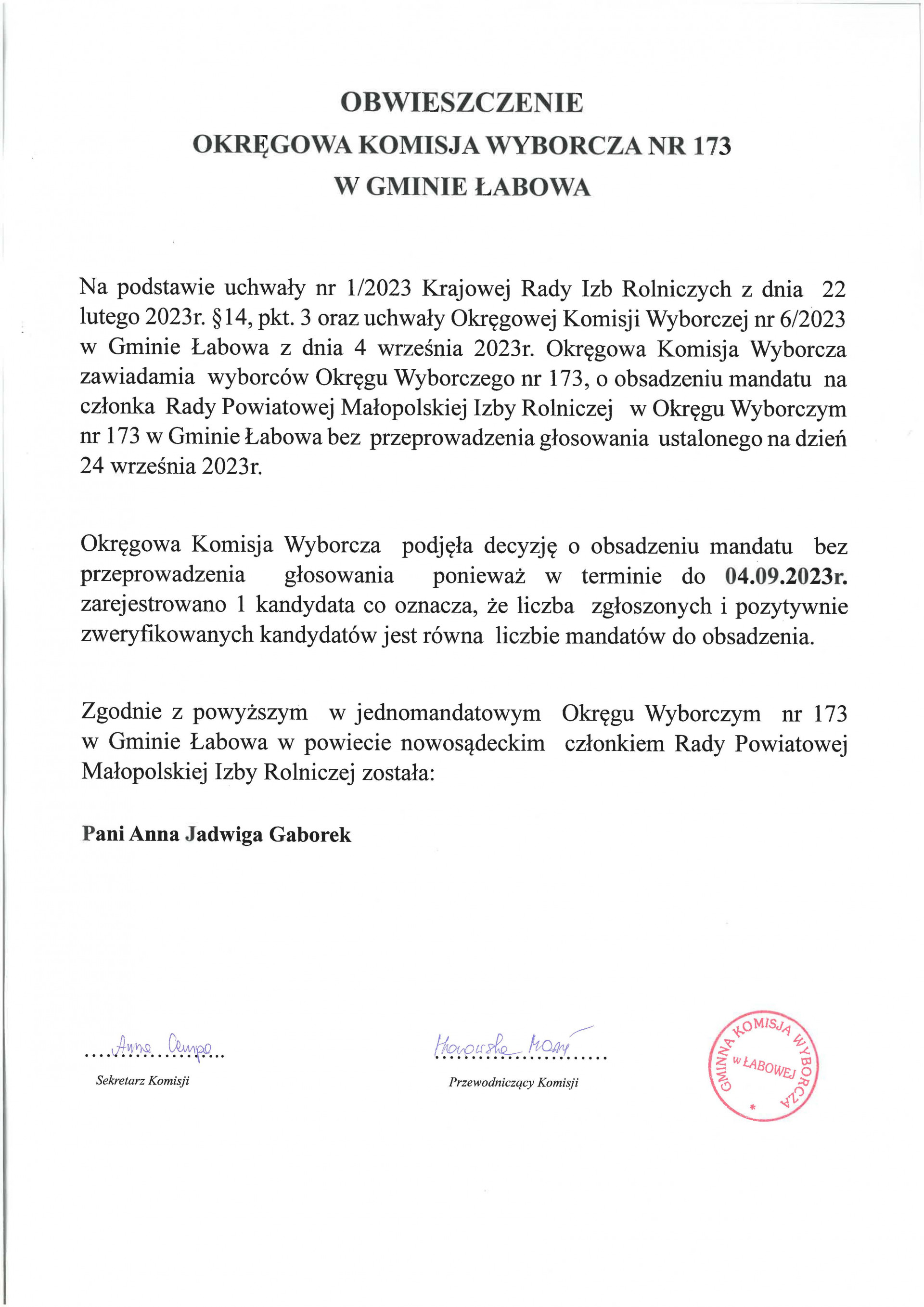 Obwieszczenie Okręgowej Komisji Wyborczej o obsadzeniu mandatu na członka Rady Powiatowej Małopolskiej Izby Rolniczej