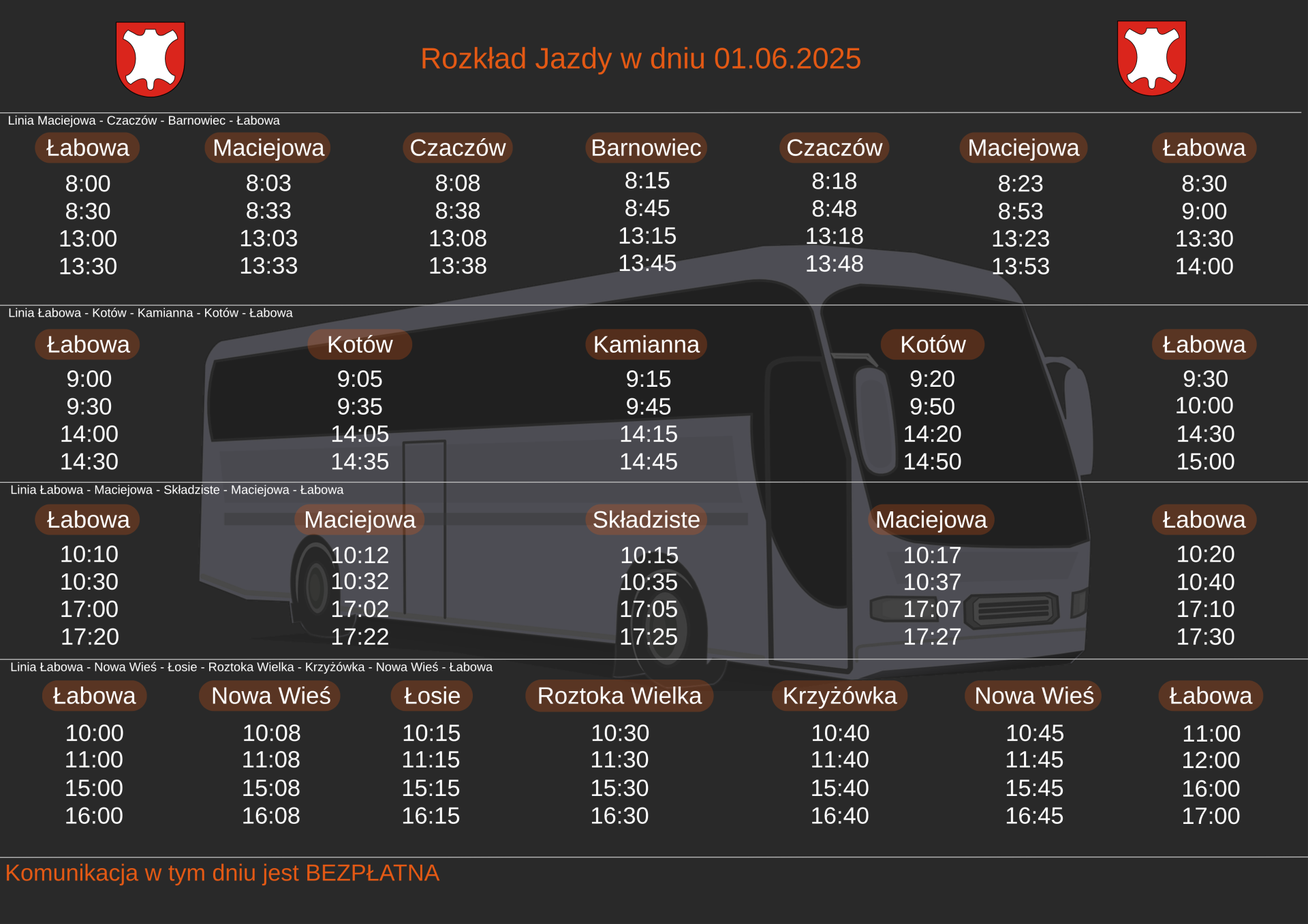 Rozkład jazdy na niedzielę 01.06.2025