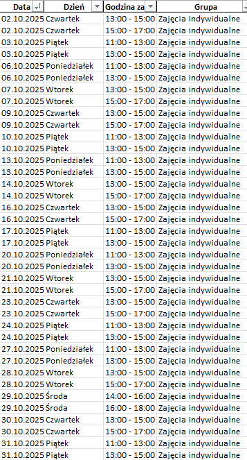 Harmonogram zajęć - październik 2025