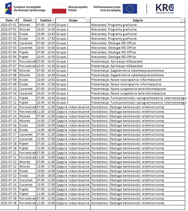 Harmonogram zajęć - Lipiec 2025