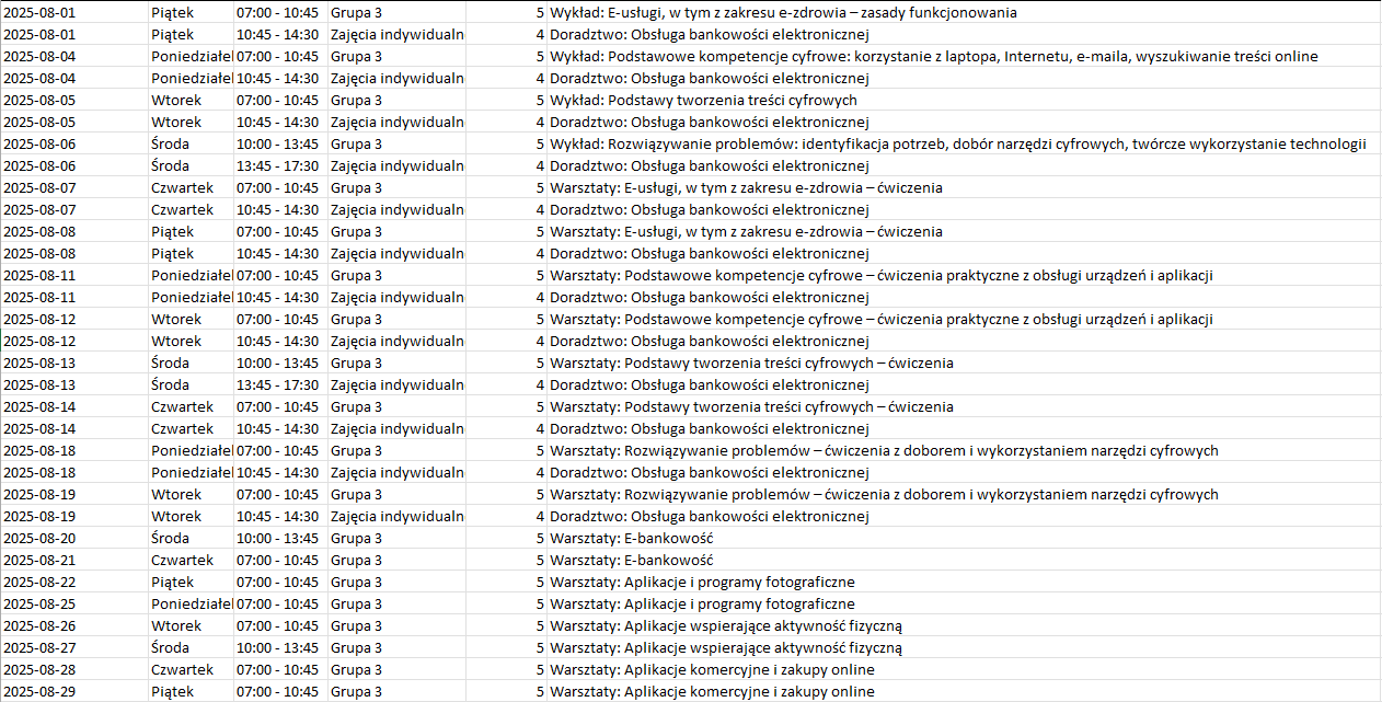 Harmonogram zajęć - Sierpień 2025