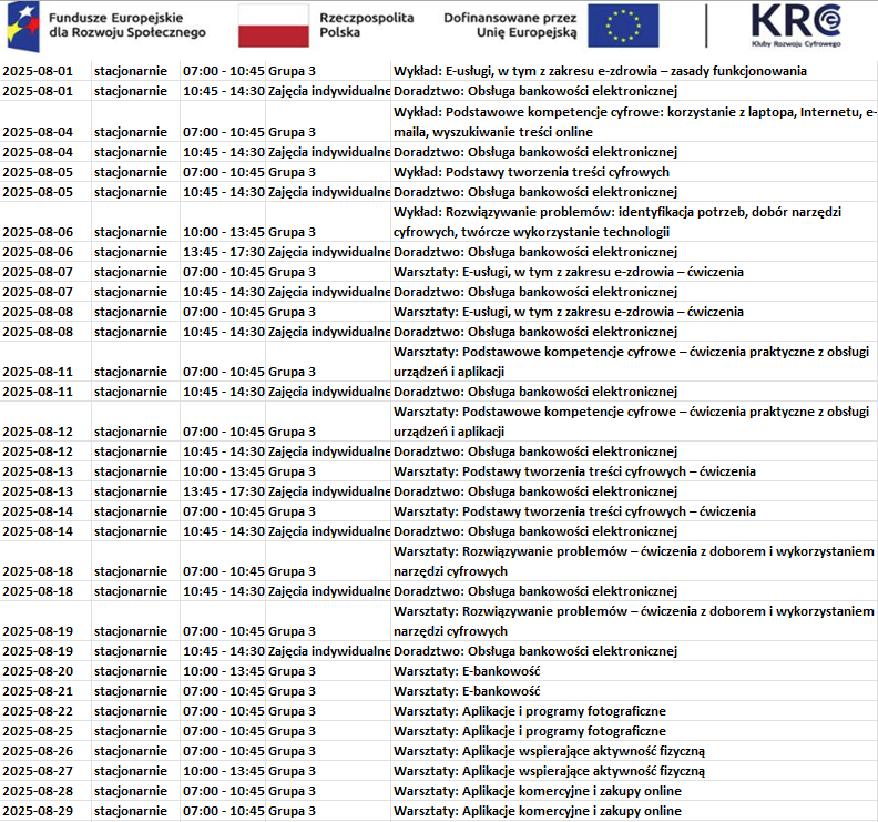 Harmonogram zajęć - Sierpień 2025