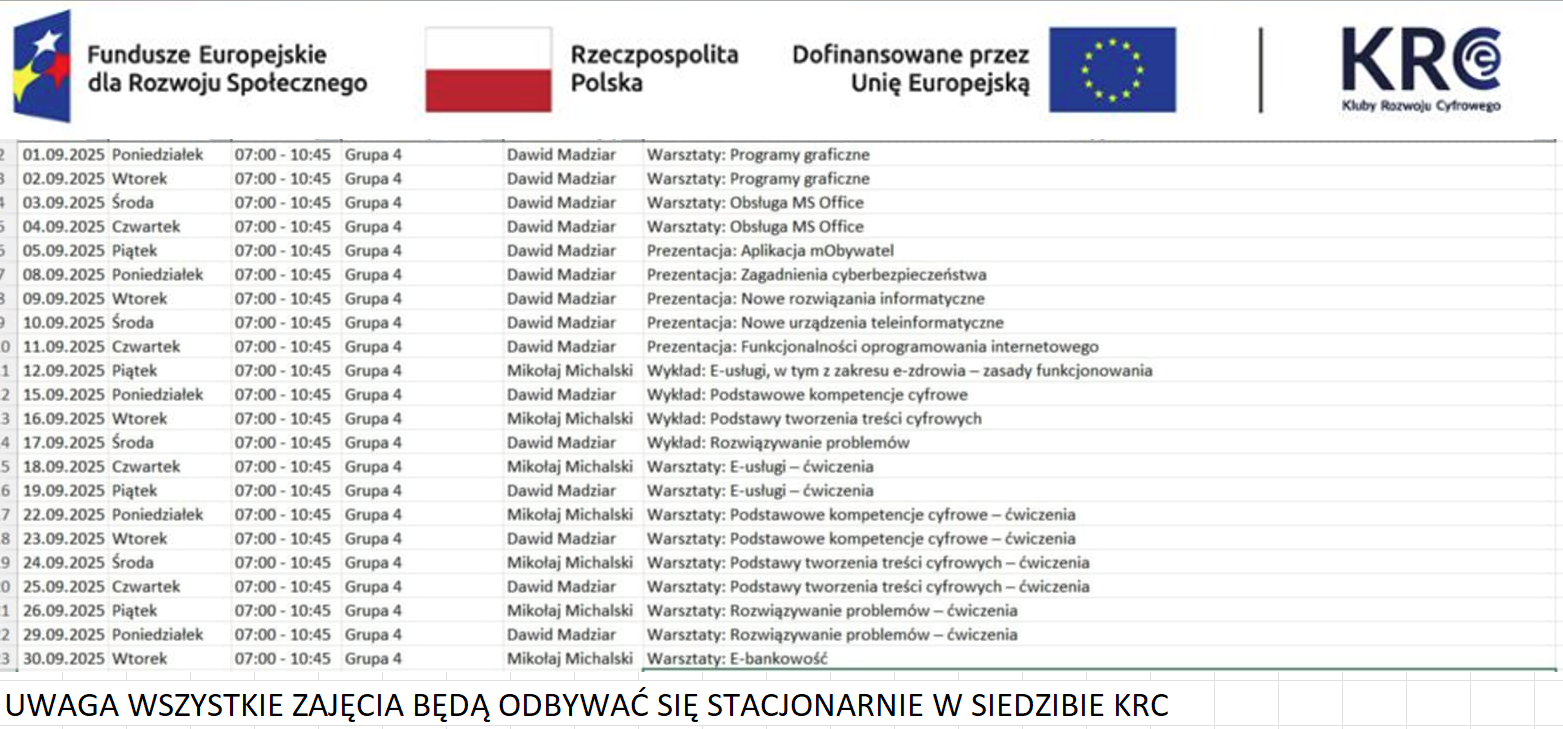 Harmonogram zajęć - Wrzesień 2025