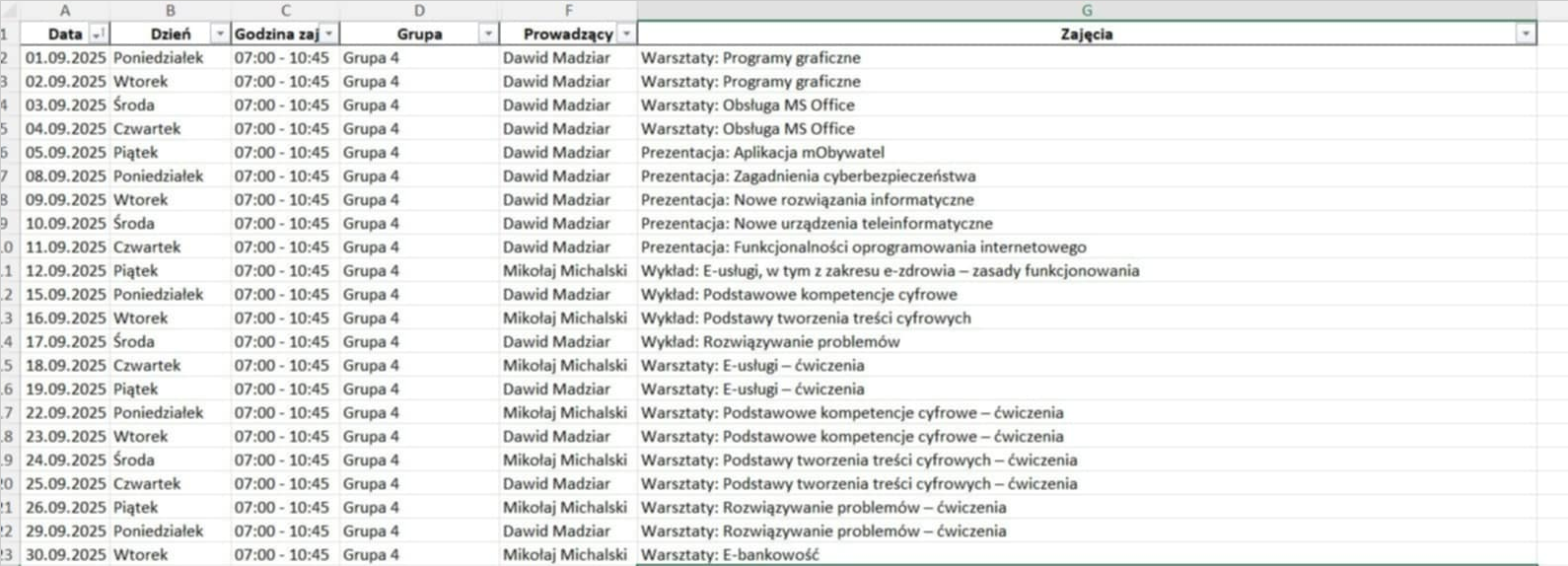 Harmonogram zajęć - Wrzesień 2025
