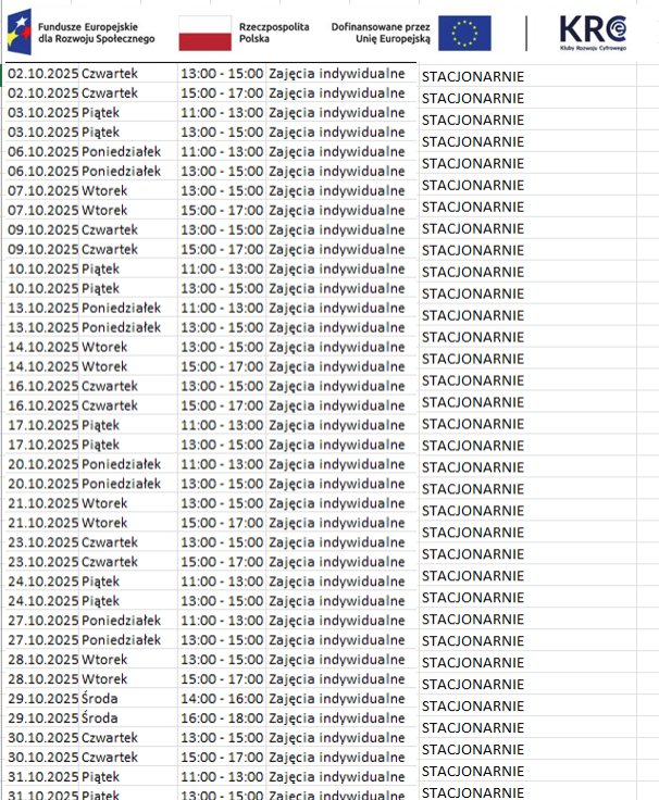 Harmonogram zajęć - październik 2025