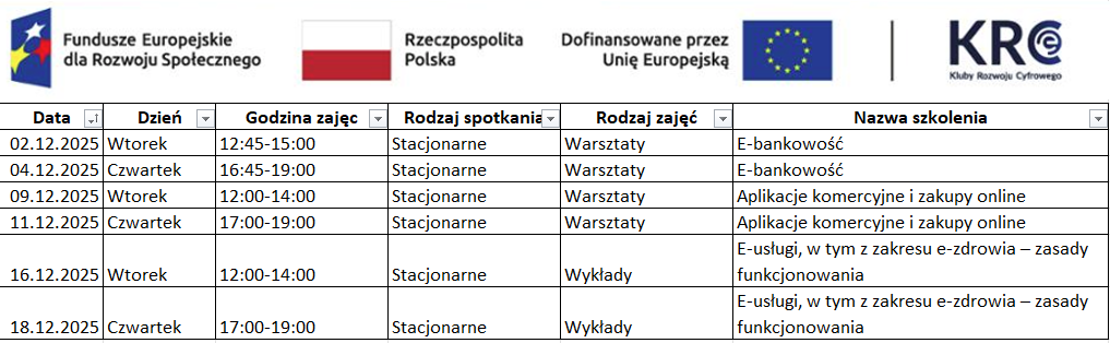 Harmonogram zajęć - grudzień 2025