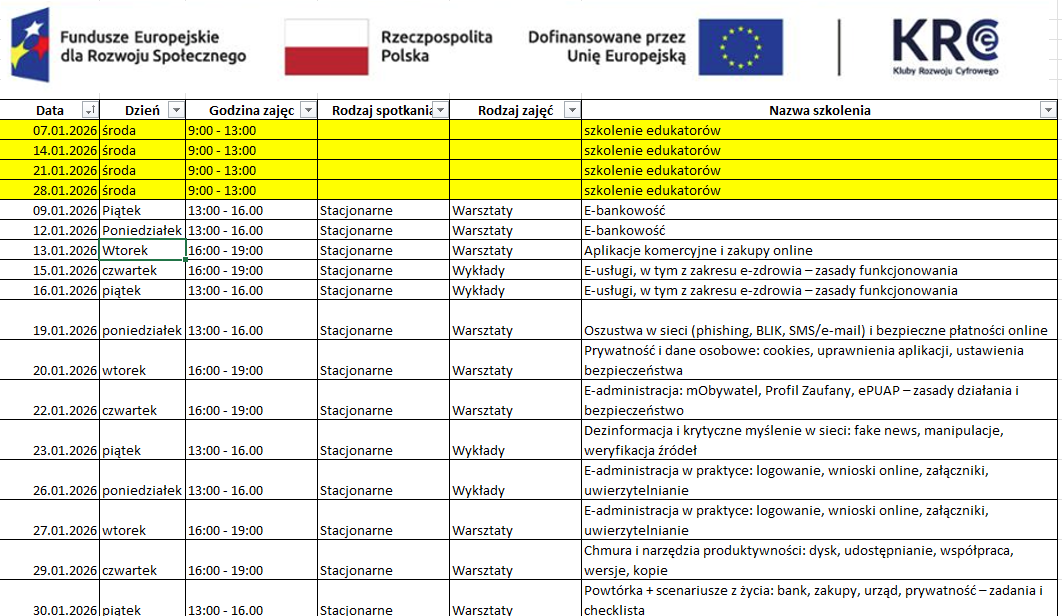 Harmonogram zajęć - styczeń 2026