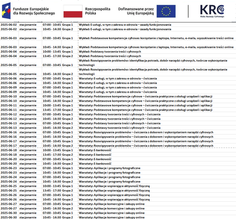 Harmonogram zajęć - Czerwiec 2025