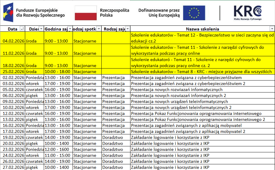Harmonogra zajęć - luty 2026