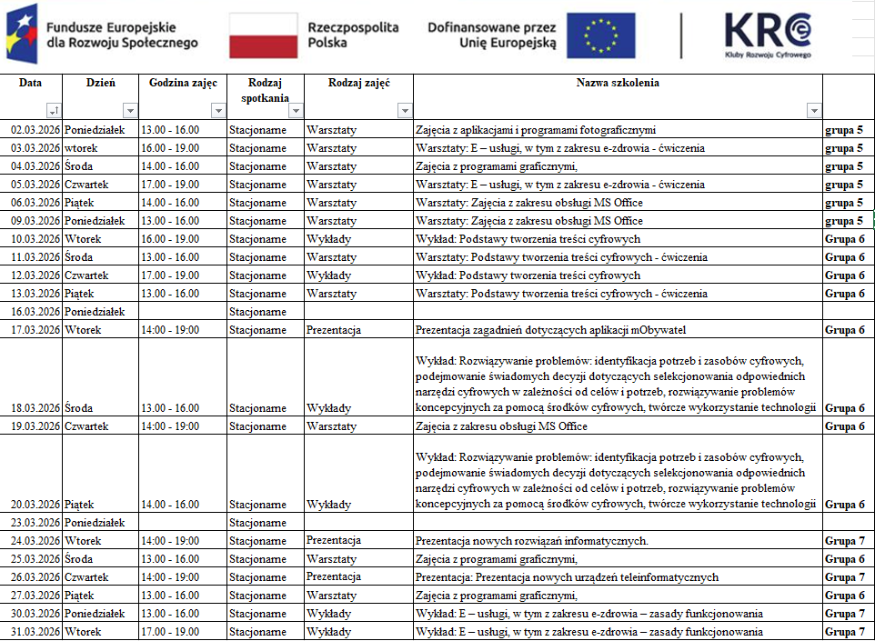Harmonogram zajęć - marzec 2026